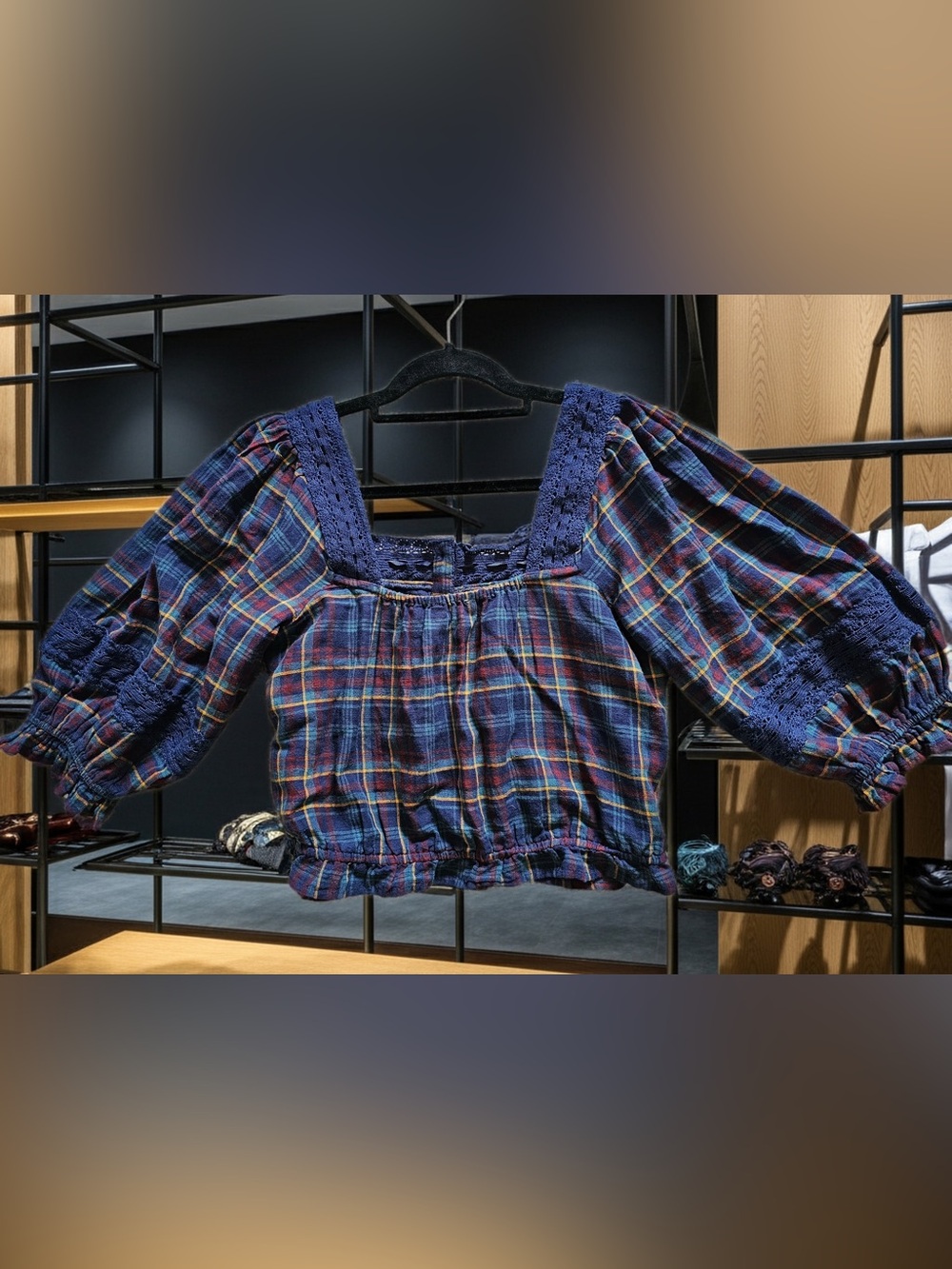 American Eagle Plaid Peasant Crop Top Medium Puff Sleeve Cottagecore Boho NWOT